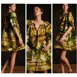 Soeur Serenade Linen Silk Dress 34 Oversized Abstract Floral Midi Pocket Boho